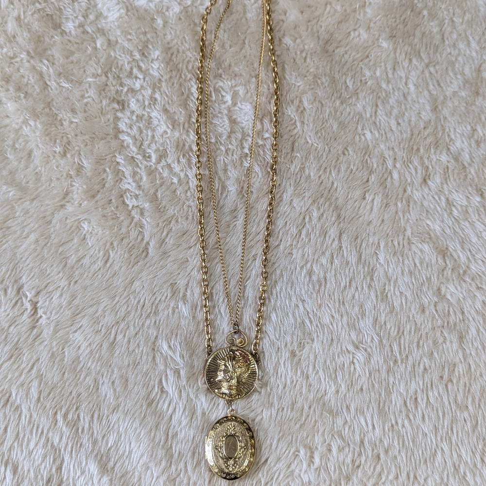 Vintage Goldtone Double Strand Roman Medallion And Oval Locket Pendant Necklace - Picture 7 of 8